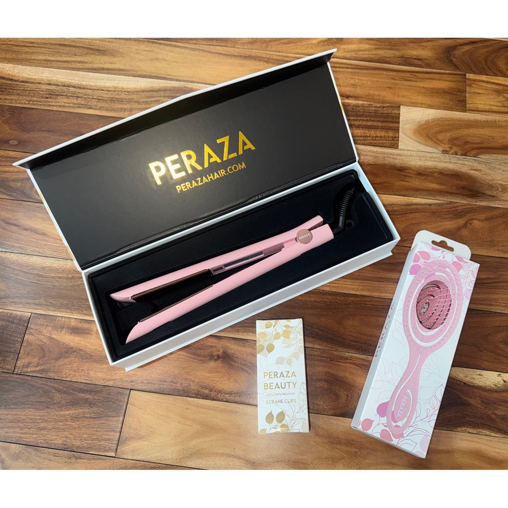 Peraza Beauty 2-in-1 Titanium Flat Iron, Detangling Brush & Crane Clips Set Pink